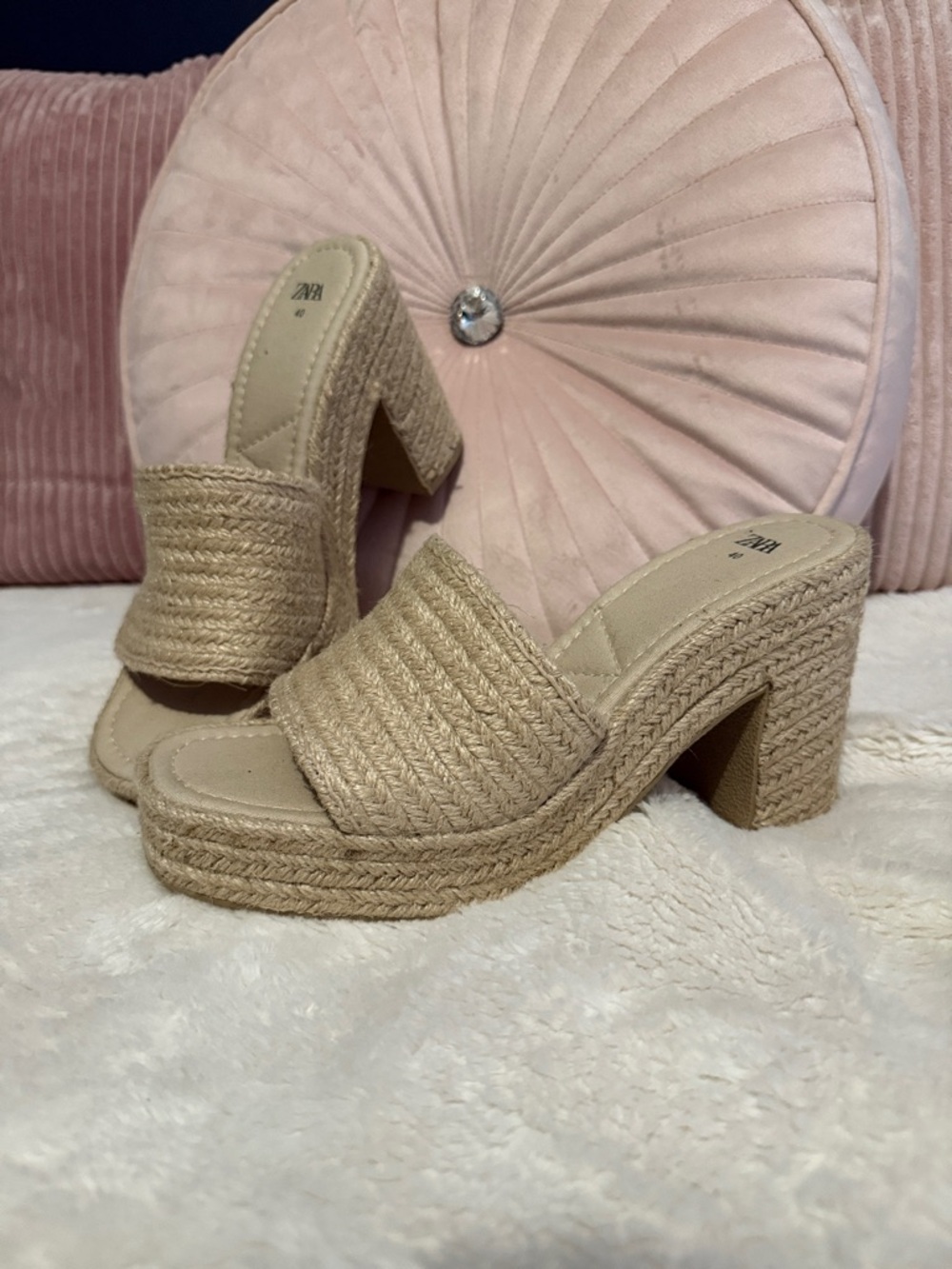 ZARA Tan Braided Espadrille Platform Mule Heels